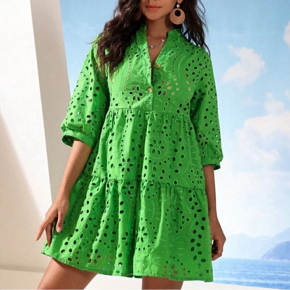 💚 Green Boho Women's Solid Notch Neck Ruffle Hem Schiffy Dress - Picture 7 of 8